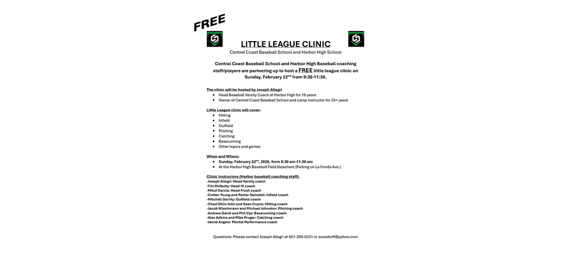2026 Free Baseball Clinic Harbor High